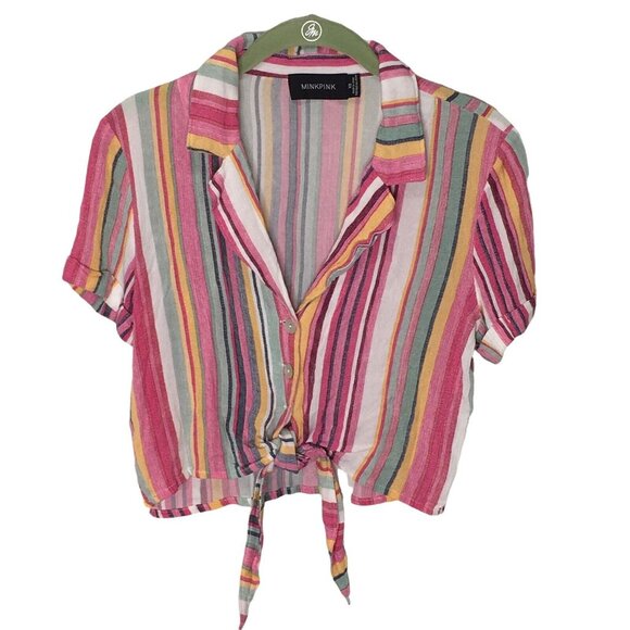 MINKPINK Tops - MINKPINK Cropped Top Front Tie Viscose Striped Women XS Pink Short Sleeve Beach